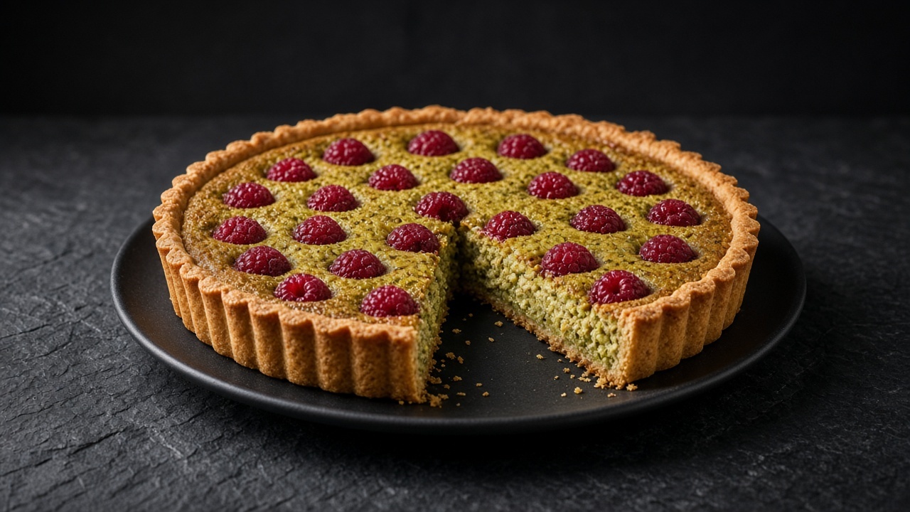 A green-flecked pistachio tart studded with raspberries, with one slice cut out.