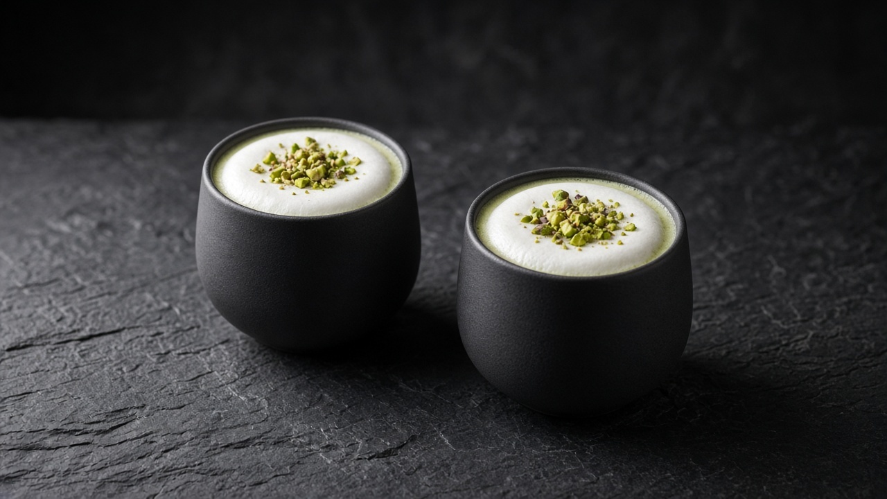 Two small cups of pistachio white hot chocolate topped with white cold foam and chopped pistachios.
