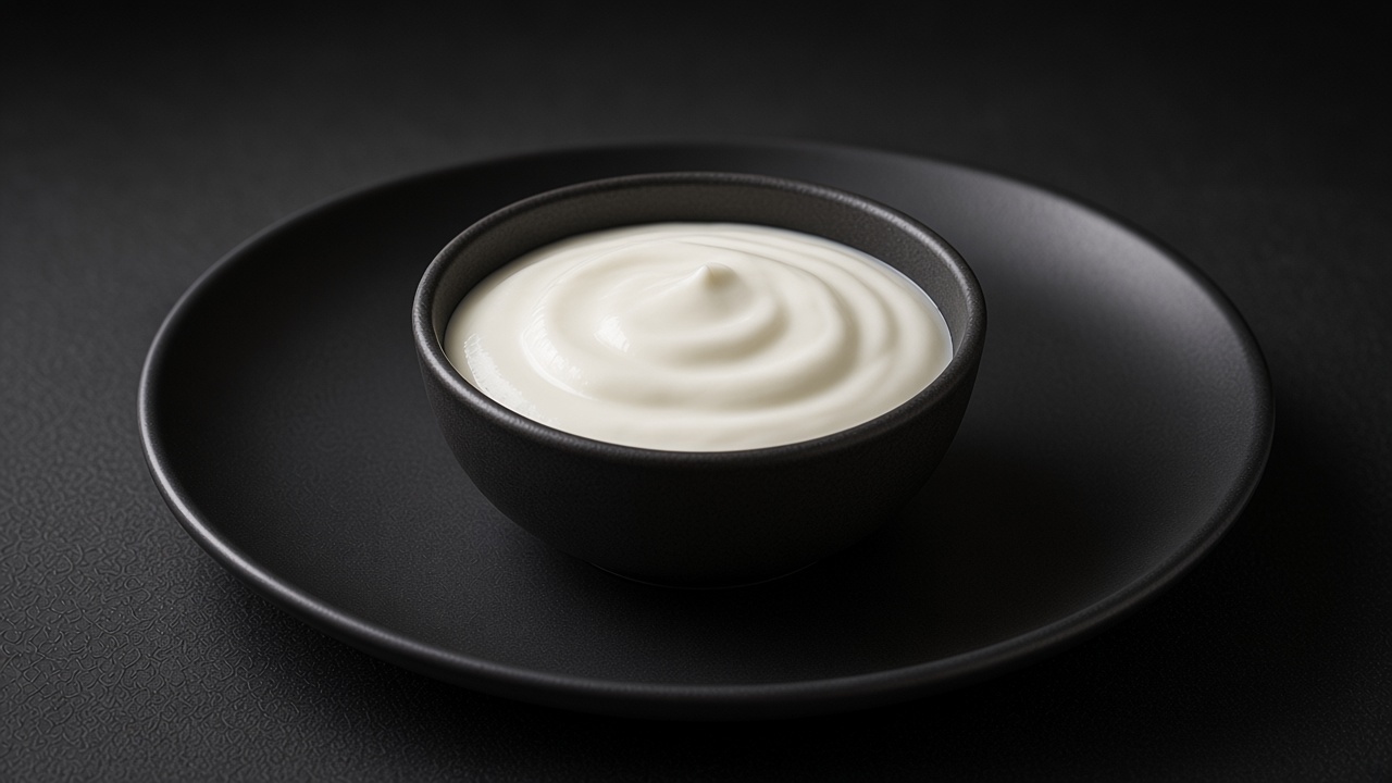 A small bowl of thick plain homemade yoghurt with a soft swirl, set on a matte dark plate.