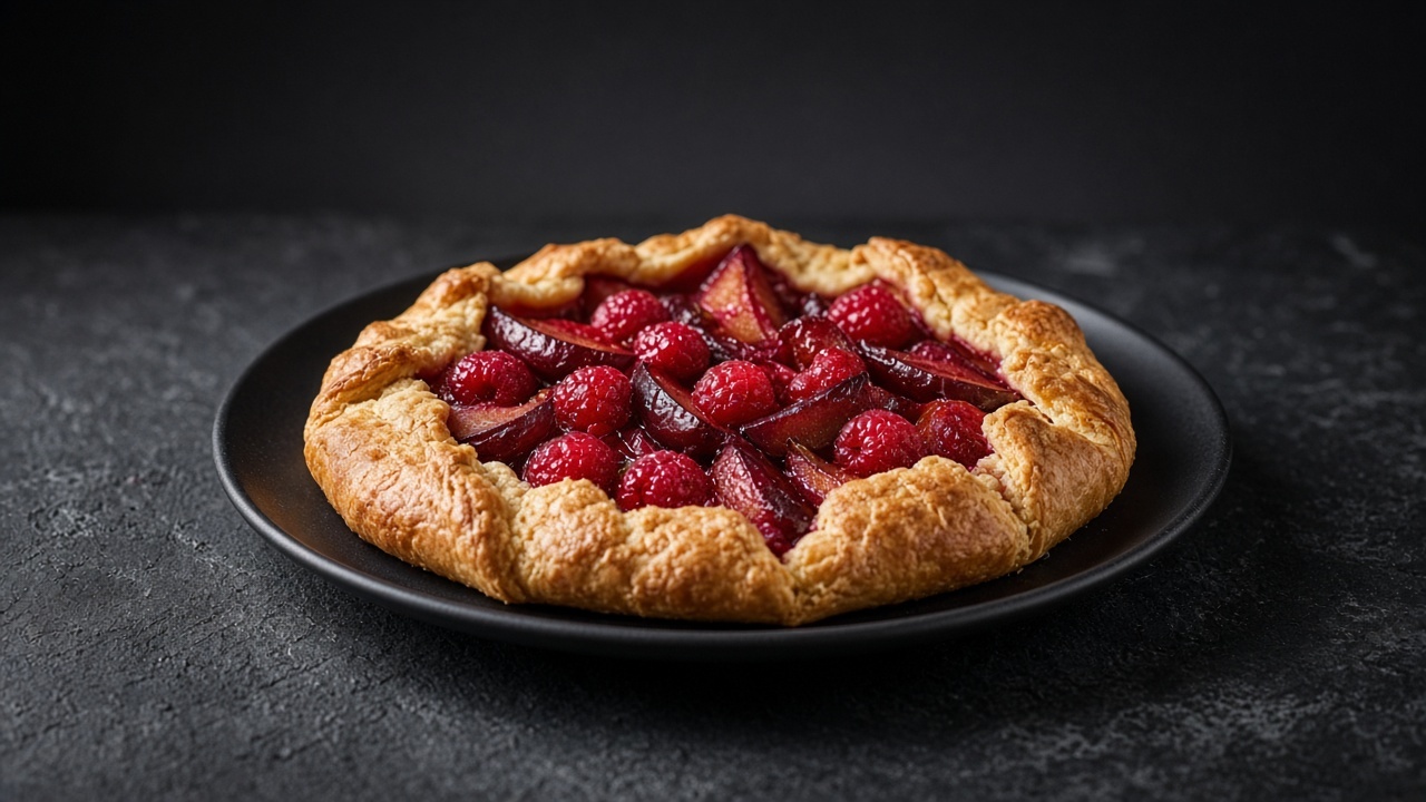 A rustic open tart with deep red plum slices and raspberries bubbling inside a folded golden crust.