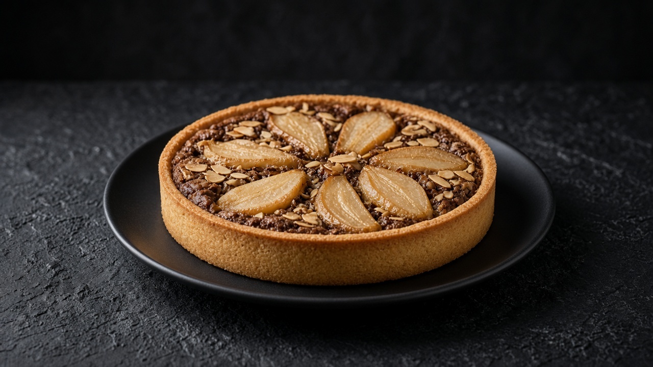 A chocolate tart with slices of poached pear peeking through a baked chocolate almond filling.