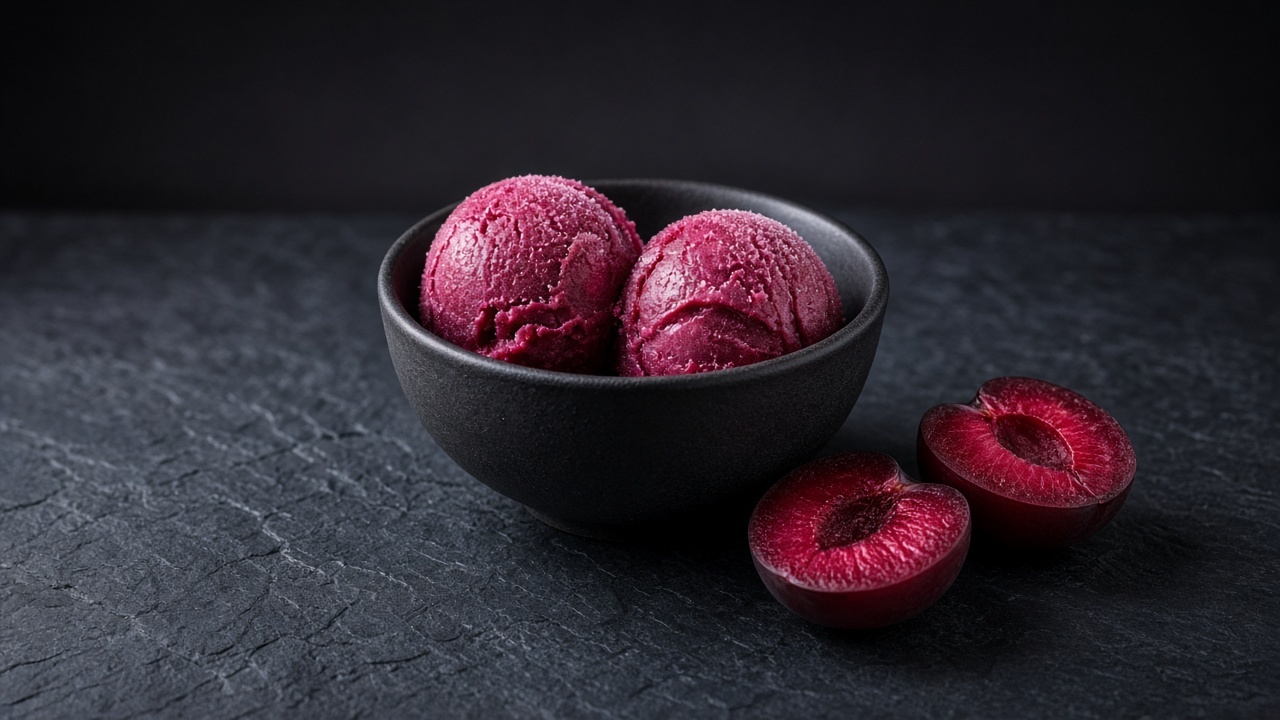 Two scoops of deep magenta plum sorbet in a black bowl beside two halved red plums.