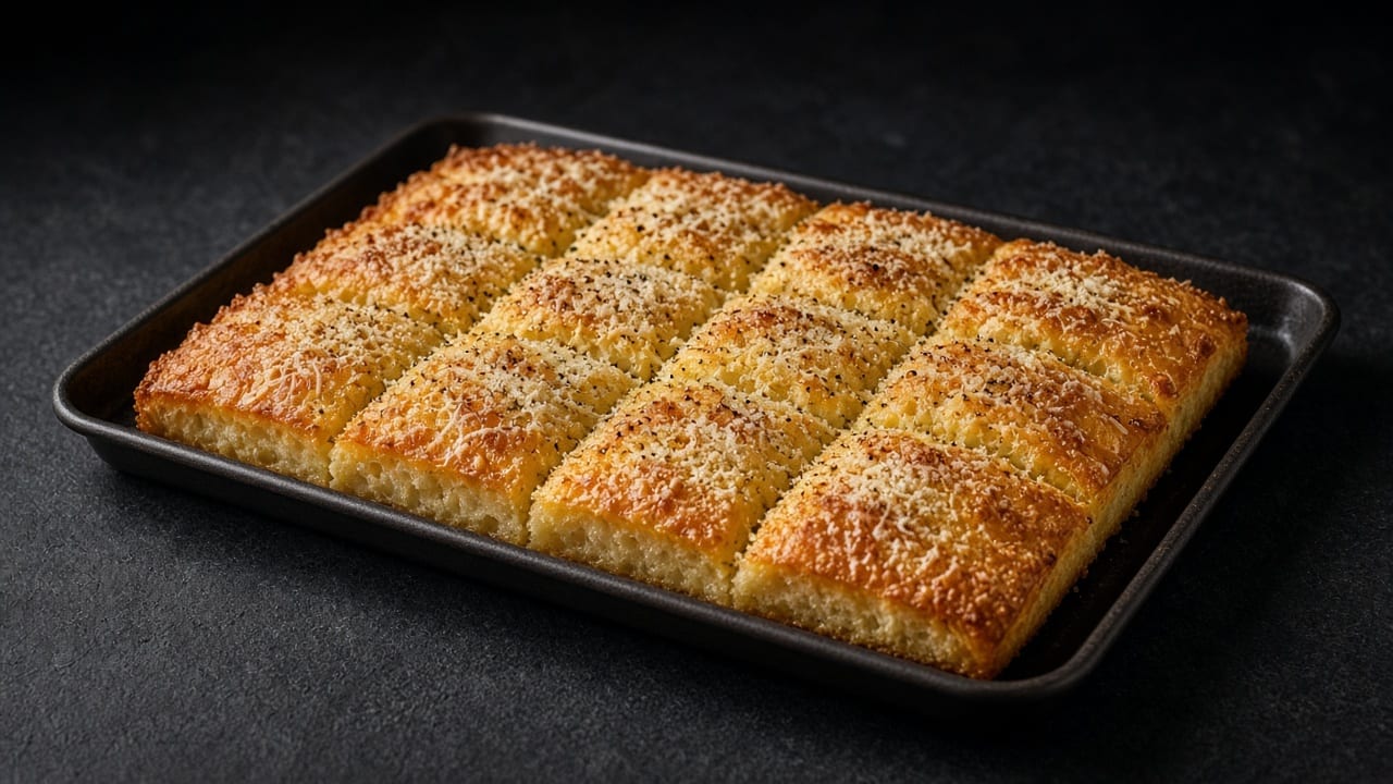 A rectangular focaccia with a golden, crisp grated-cheese crust, cut into squares.