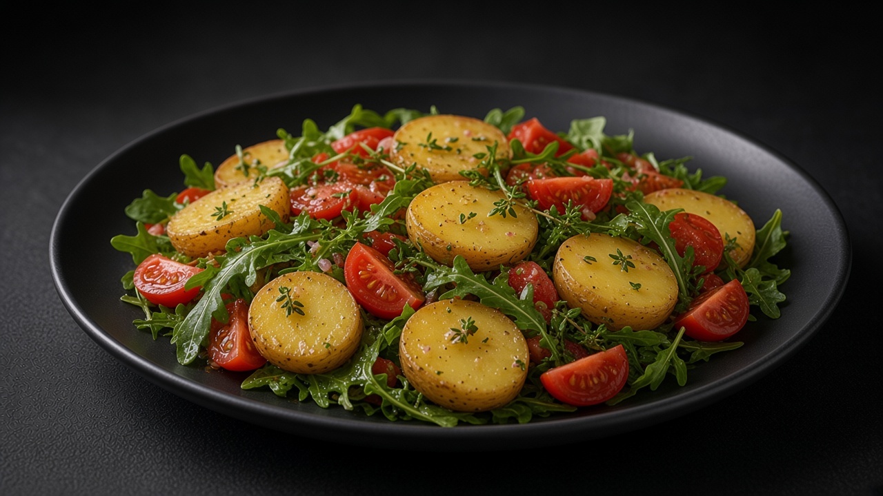 Sliced fingerling potatoes with quartered cherry tomatoes and baby rocket in a shallot-thyme vinaigrette on a matte black plate.
