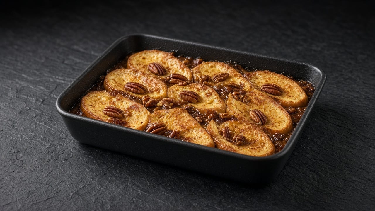 A baking dish of custard-soaked bread baked in a sticky brown sugar glaze, topped with toasted pecans.