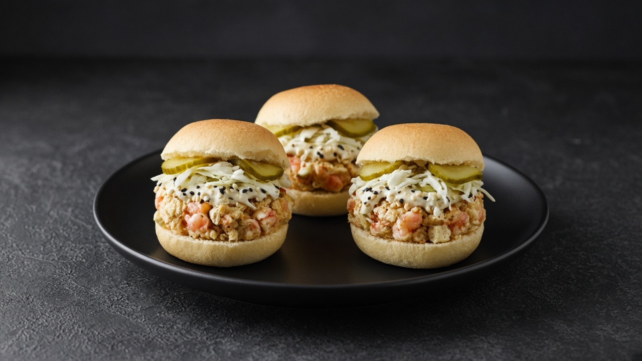 Three prawn and tofu sliders topped with sesame mayo, shredded cabbage and pickles on small soft rolls.
