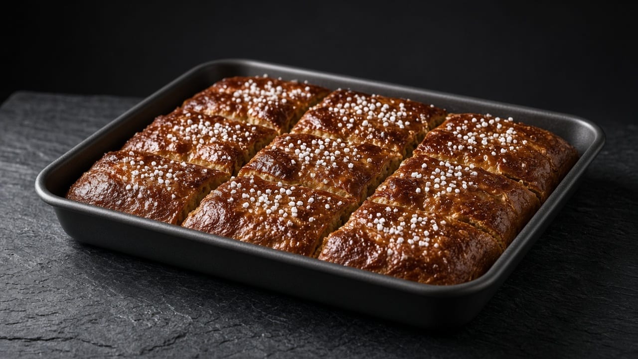 Deep brown pretzel-style focaccia sprinkled with coarse white salt, cut into squares in a baking tray.