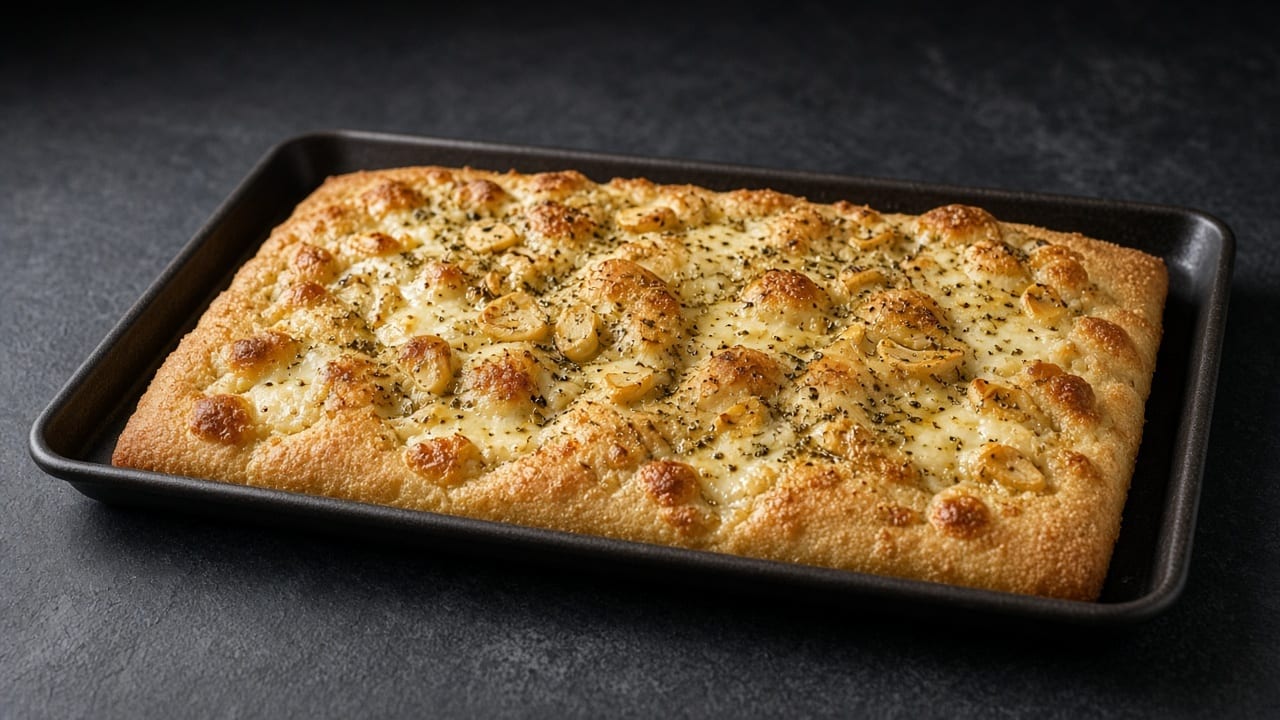 Golden focaccia with browned, bubbling melted provolone, golden garlic and dried oregano.