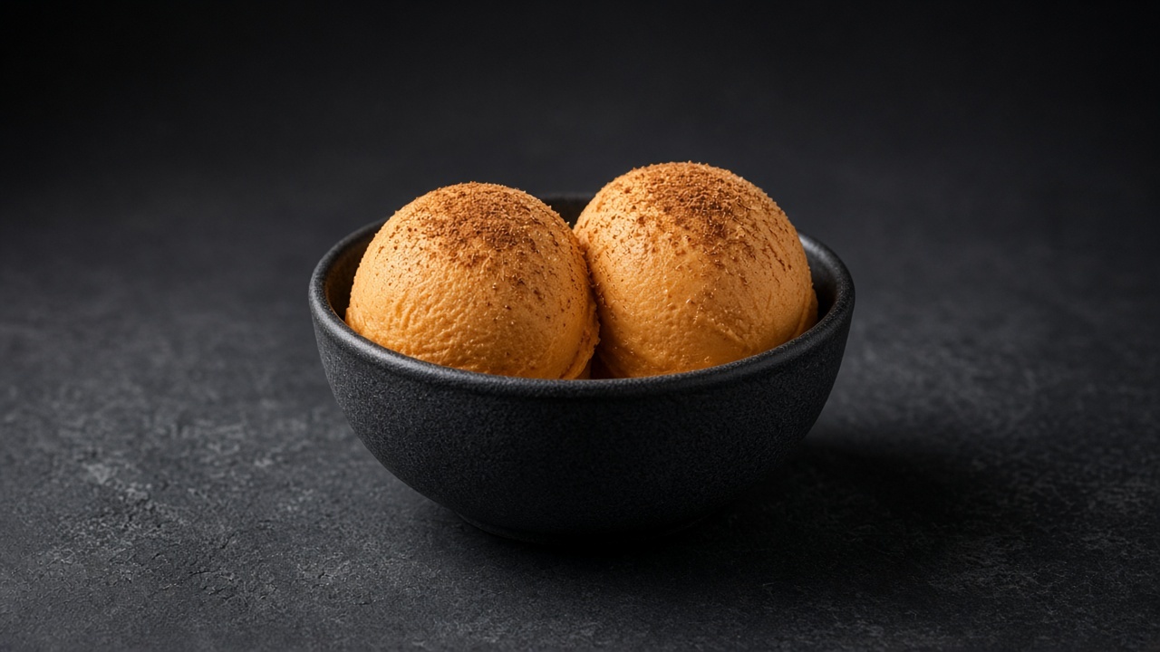 Two scoops of burnt-orange pumpkin sorbet dusted with cinnamon in a black bowl.