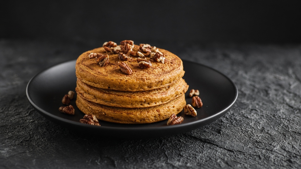 Golden pumpkin pancakes scattered with toasted pecan pieces.