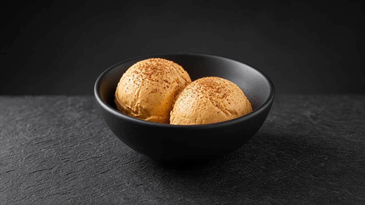 Two scoops of soft orange pumpkin spice custard ice cream dusted with cinnamon in a black bowl.