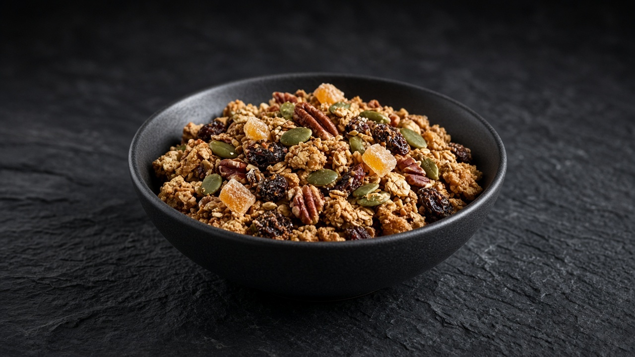 Golden-brown granola with pumpkin seeds, pecans, raisins and pieces of crystallised ginger.