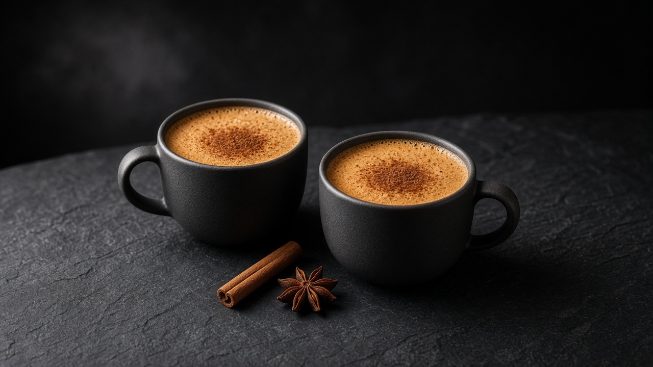 Two mugs of frothy pumpkin spice latte dusted with cinnamon, with a cinnamon stick and star anise beside them.