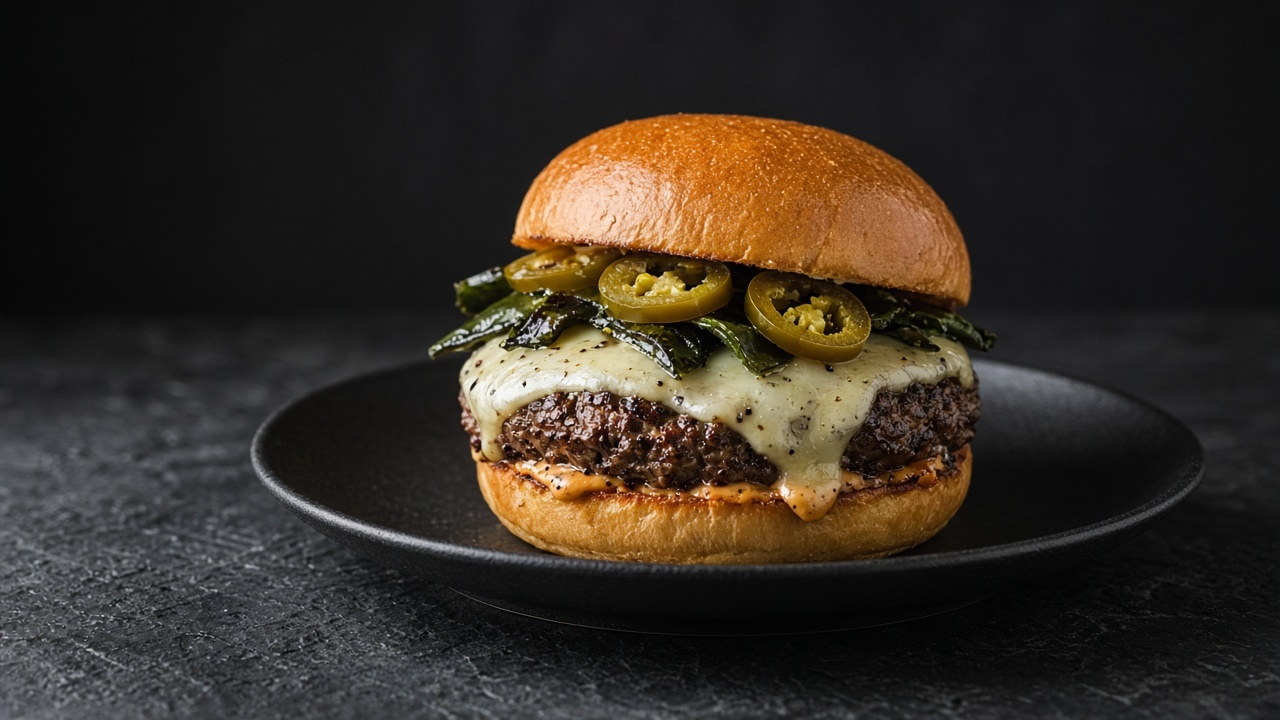 Large beef patty topped with melted pepper Jack cheese, roasted poblanos, pickled jalapeños and chipotle mayo in a burger bun.