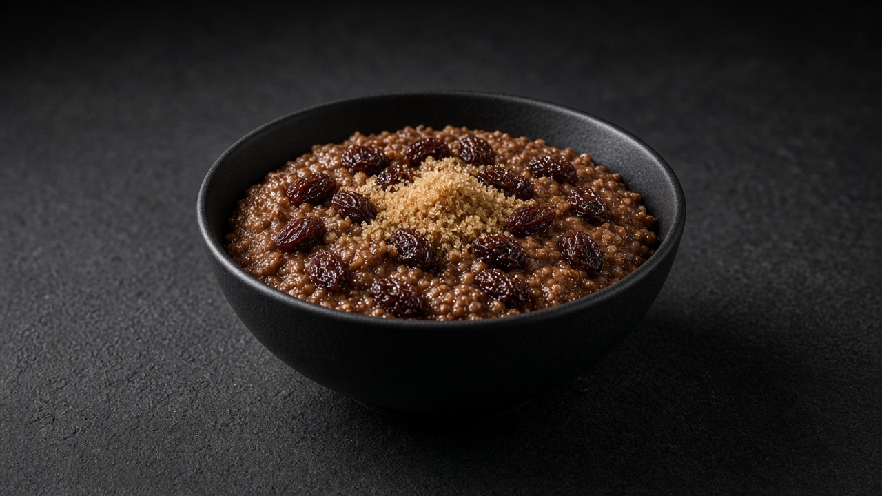 A bowl of dark steel-cut oatmeal scattered with plump raisins and a hint of brown sugar on top.