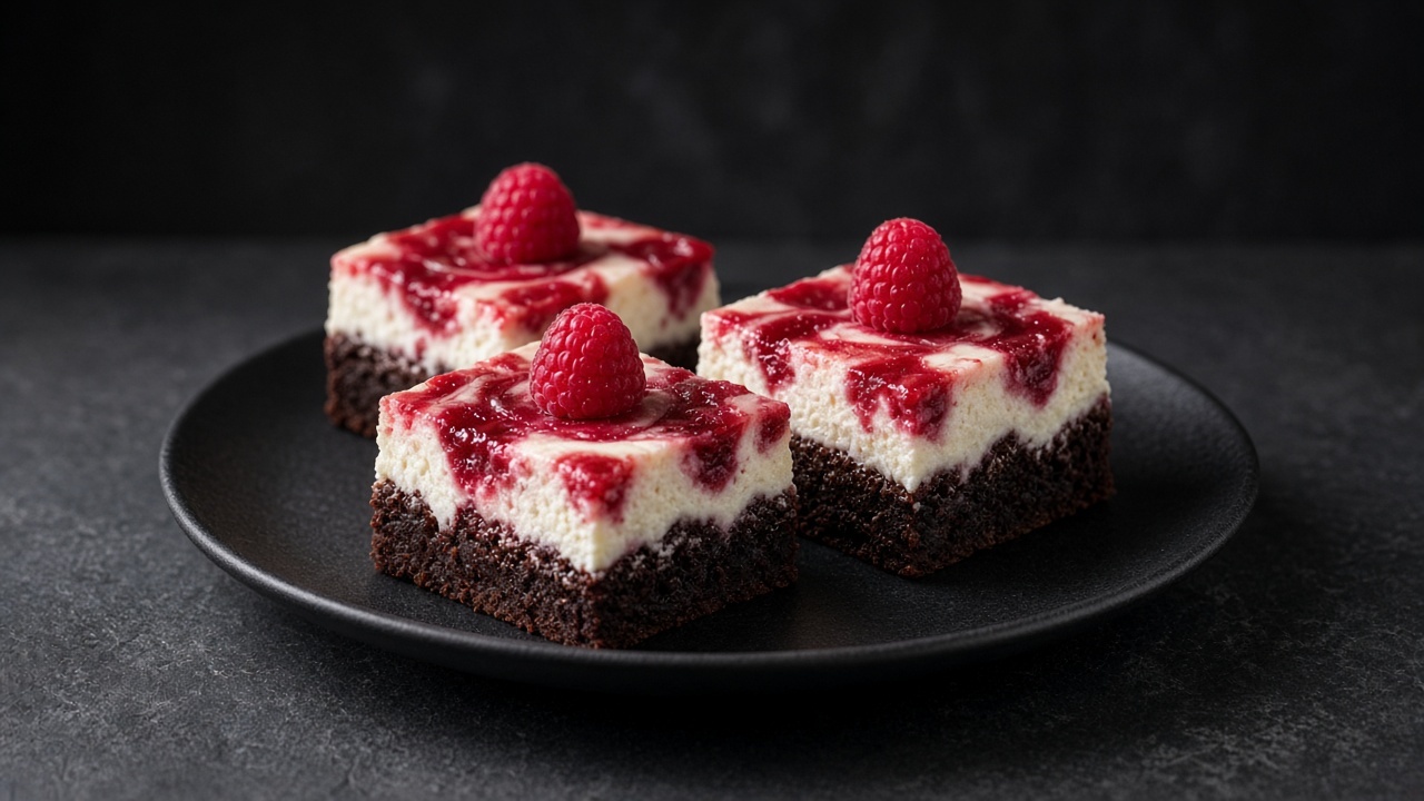 Brownie squares with a creamy middle layer, swirls of red raspberry jam and fresh raspberries.