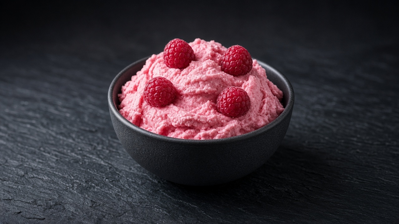 Bright pink raspberry frozen yoghurt in a bowl with whole raspberries.