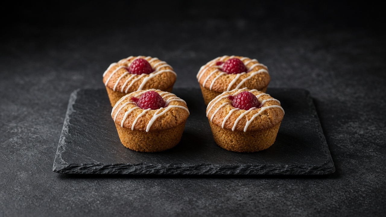 Small golden mini muffins with a red raspberry in the centre of each and white lemon drizzle.