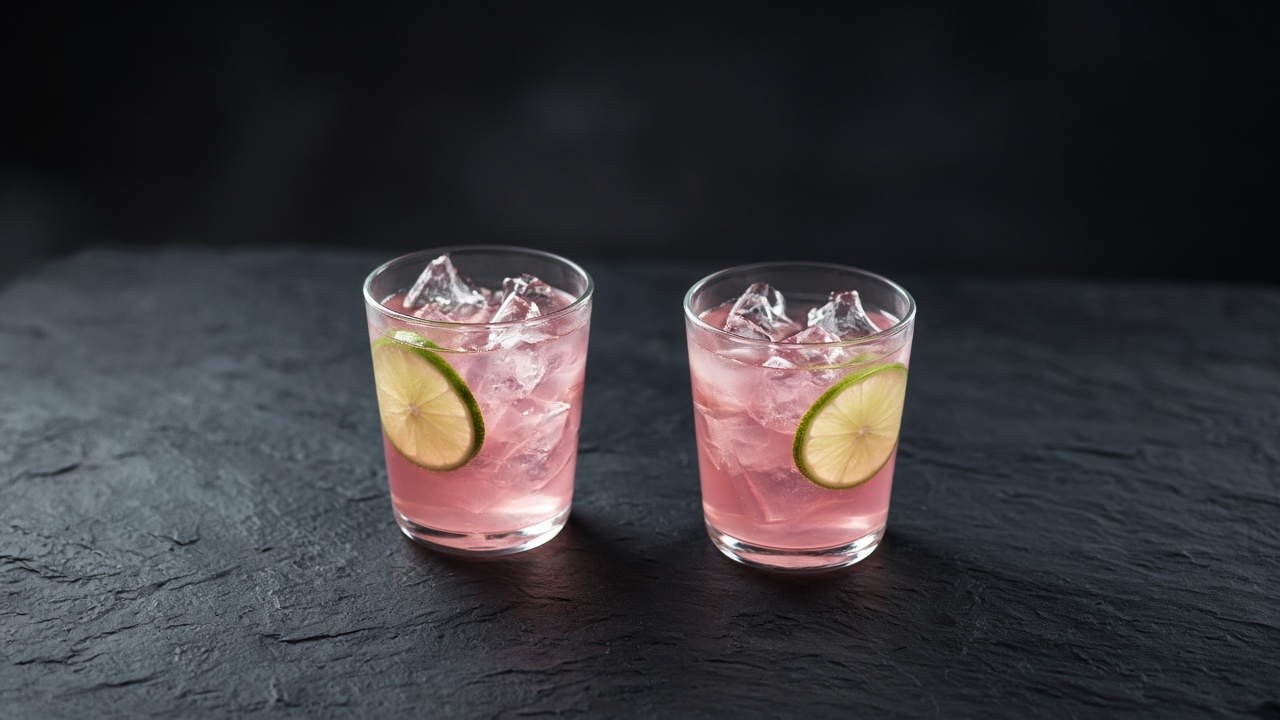 Glasses of pink raspberry iced tea with ice and thin lime slices.