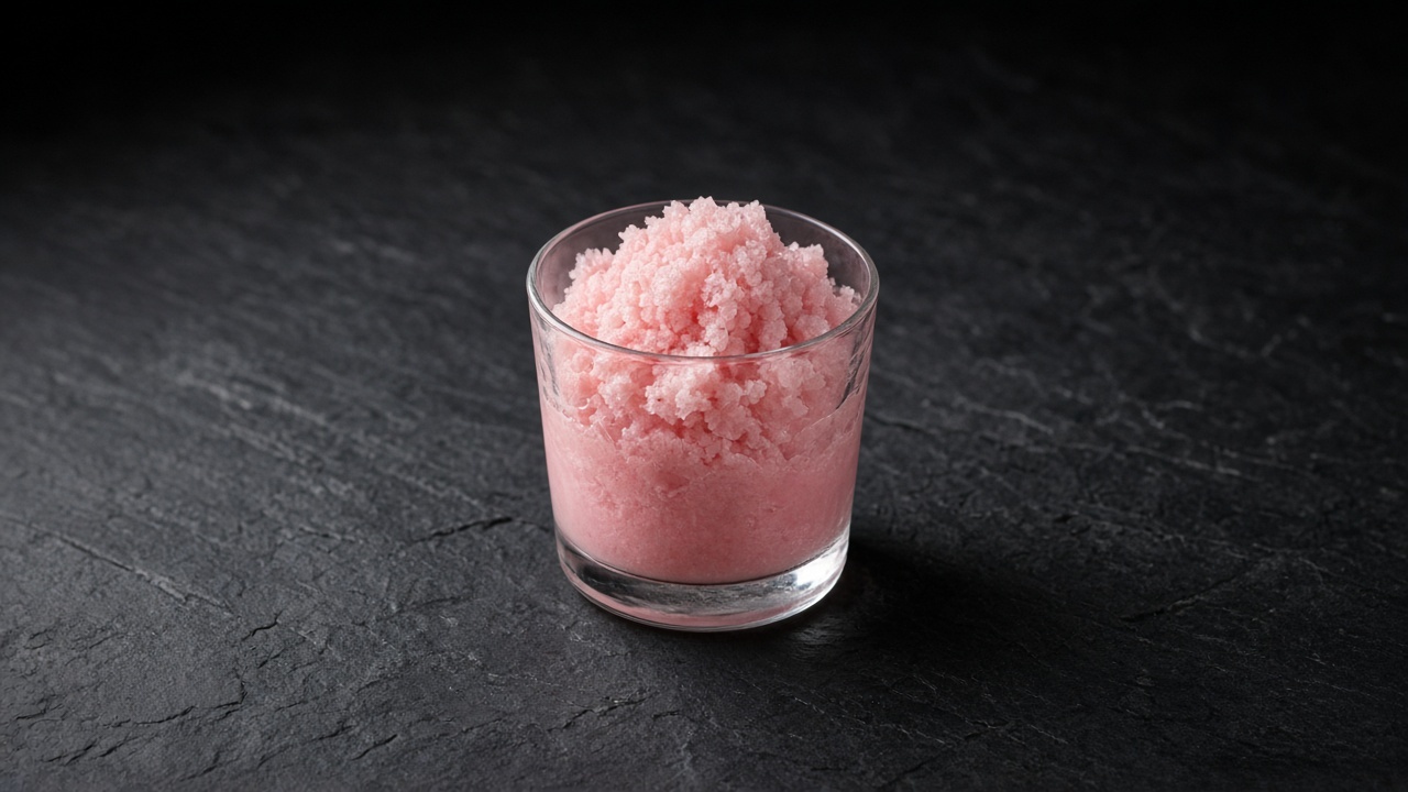 Soft pink raspberry and rose granita in a chilled glass.