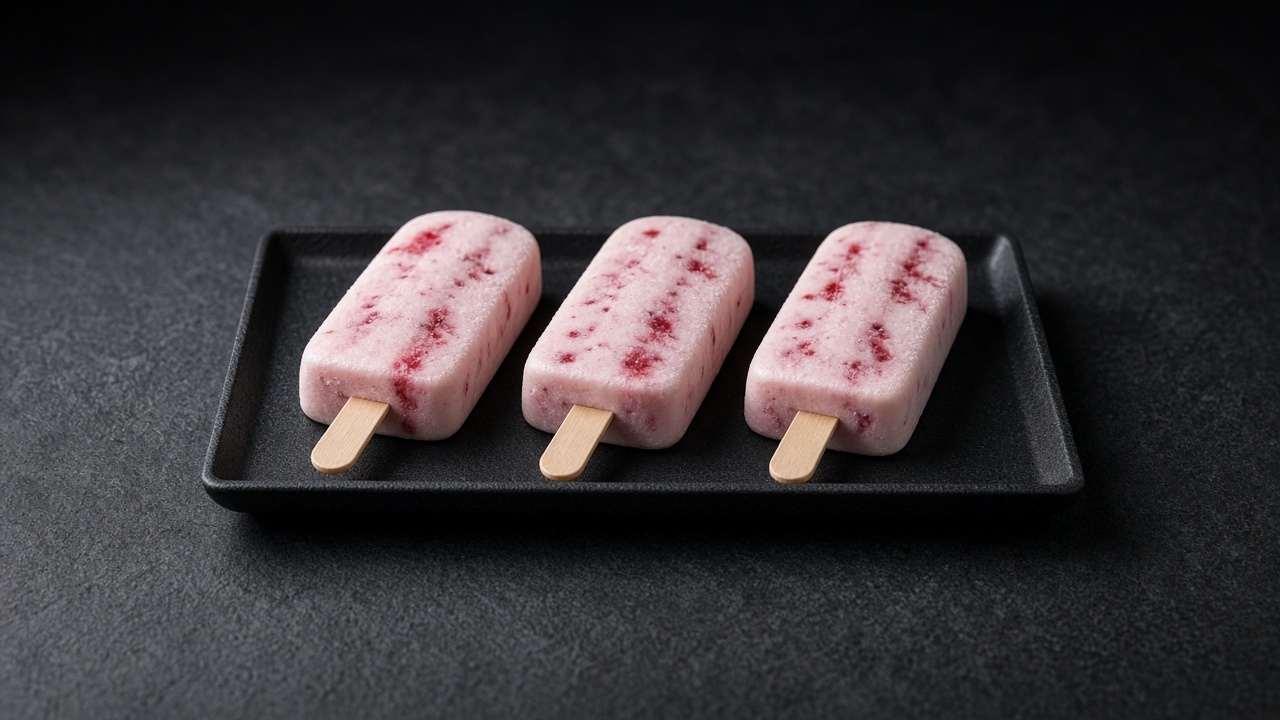 Pale pink ice pops on sticks with flecks of raspberry running through a creamy yoghurt base.