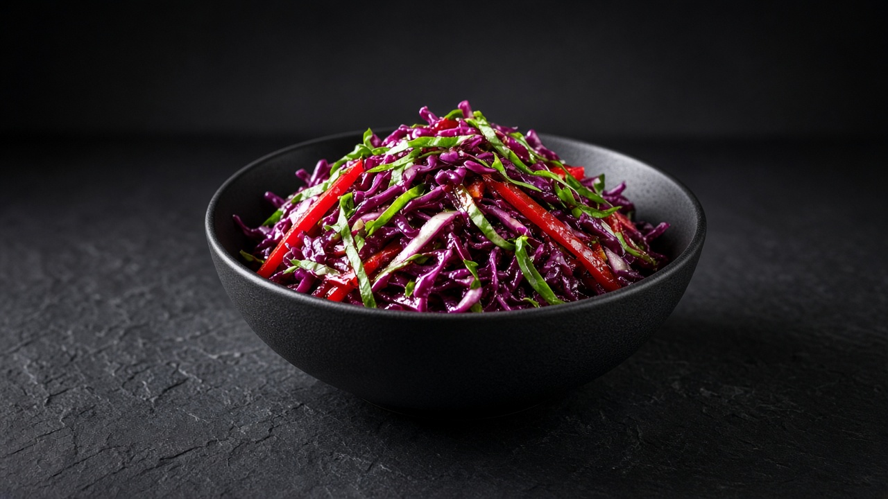 Shredded red cabbage slaw with thin red pepper strips and ribbons of fresh basil in a balsamic dressing, in a matte black bowl.