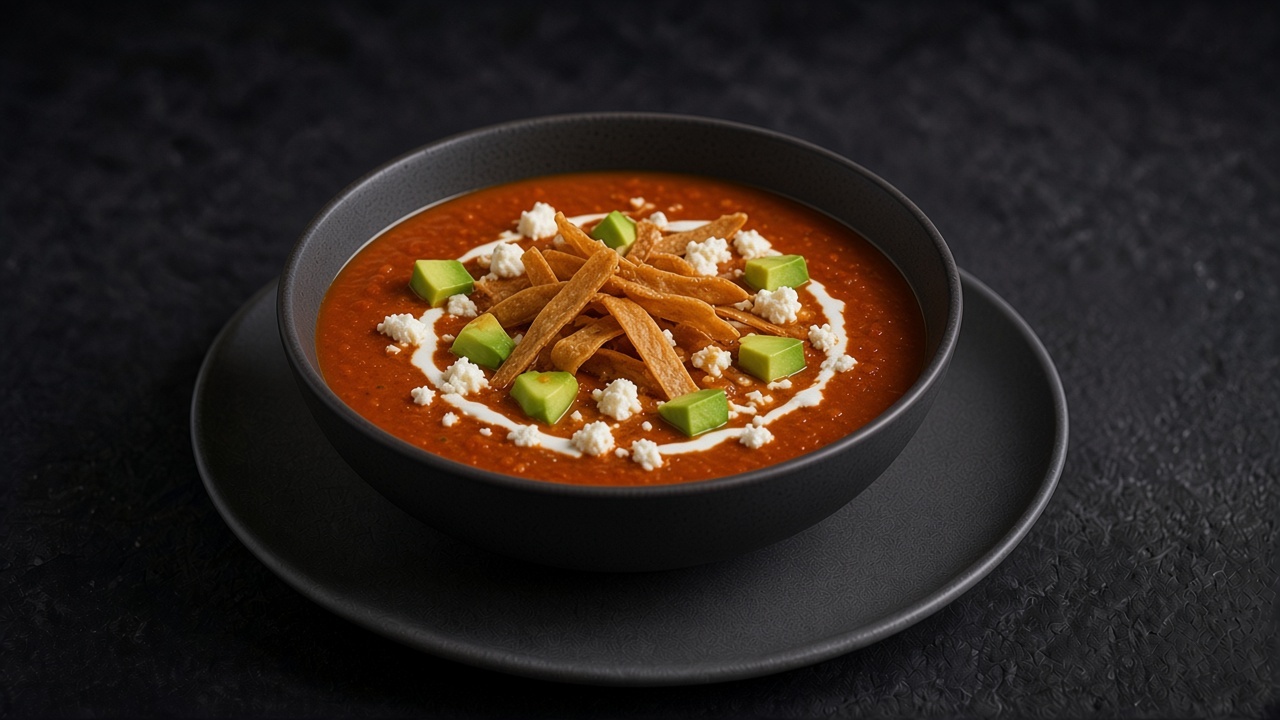 A bowl of deep red tortilla soup topped with crisp tortilla strips, crumbled queso fresco, diced avocado and a swirl of crema, set on a matte dark slate.