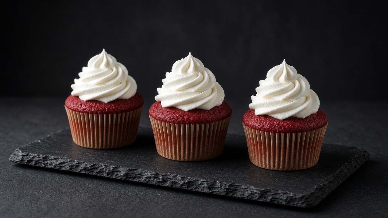 Deep red velvet cupcakes swirled with white cream cheese frosting.