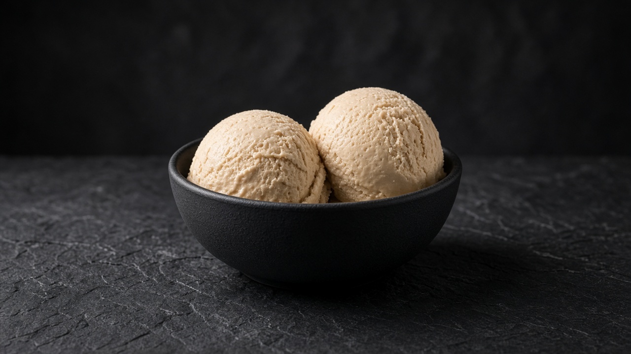 Two scoops of light caramel-beige maple syrup custard ice cream in a black bowl.