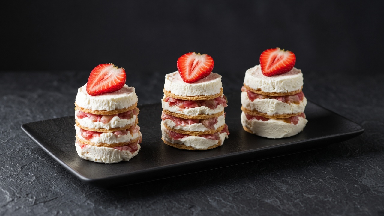 A row of cream-coated biscuit stacks filled with pink rhubarb filling, garnished with fresh strawberries.