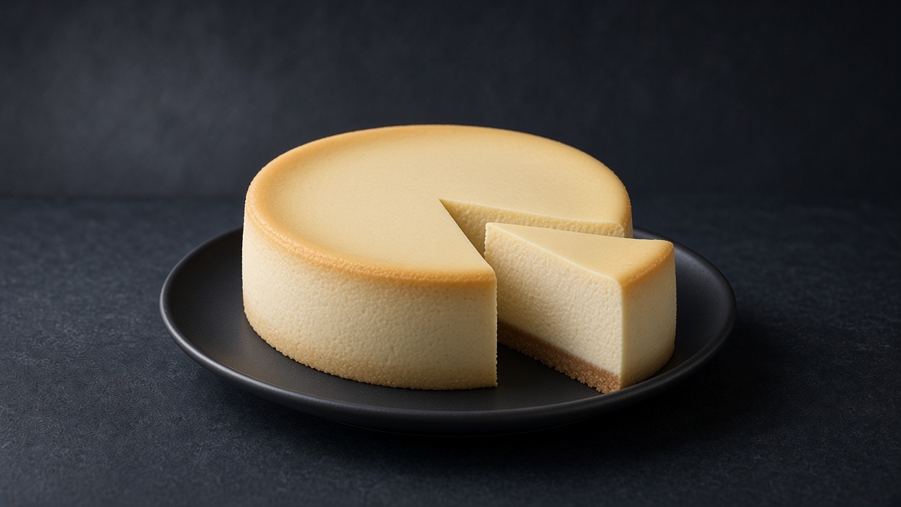 A tall, creamy baked cheesecake with one slice cut and pulled away, on a matte black plate.
