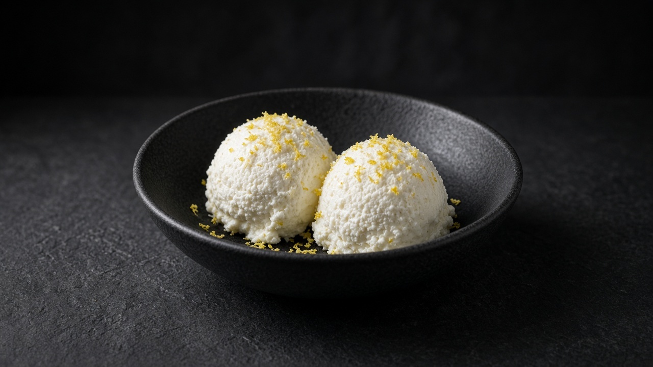 Snow-white ricotta gelato flecked with lemon zest, served in a shallow bowl.