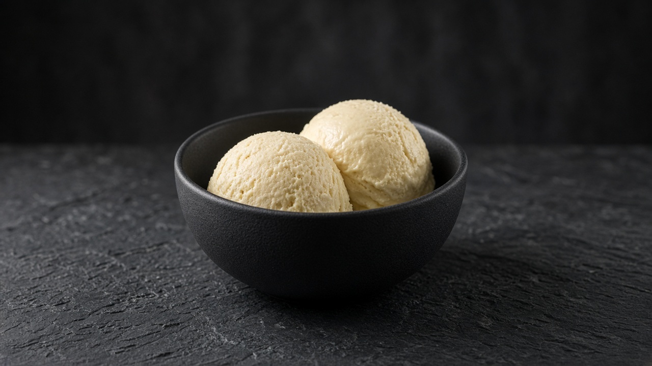 Two scoops of pale yellow banana custard ice cream in a black bowl.