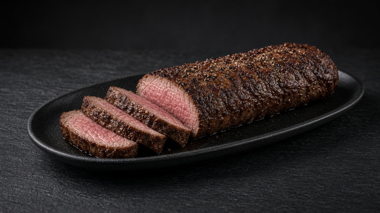 A roasted beef tenderloin with a peppery crust, partly sliced to show a pink medium-rare centre, on a matte black platter.