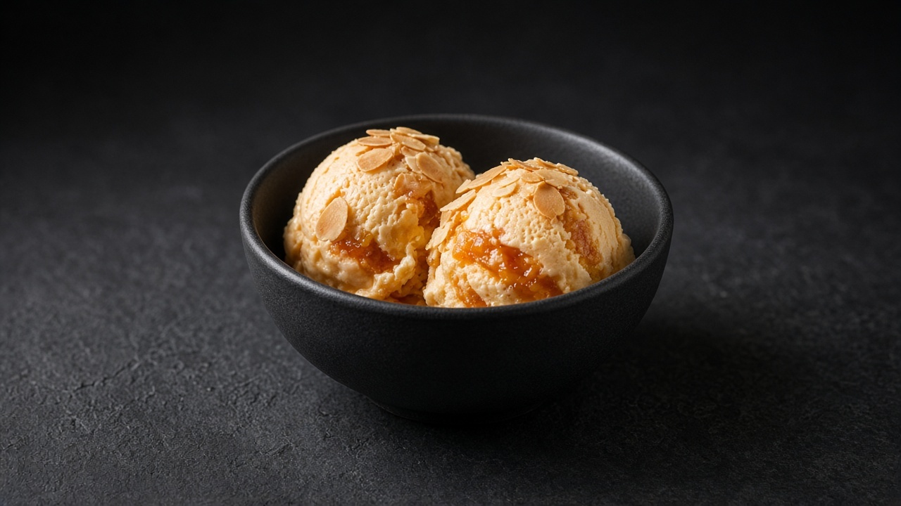 Two scoops of pale apricot custard ice cream rippled with roasted apricot and topped with toasted flaked almonds in a black bowl.