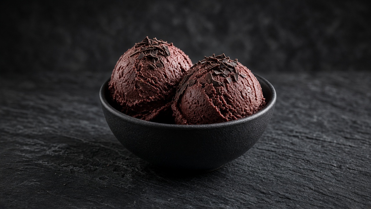 Two scoops of deep burgundy-brown beetroot and dark chocolate ice cream topped with chocolate shavings in a black bowl.