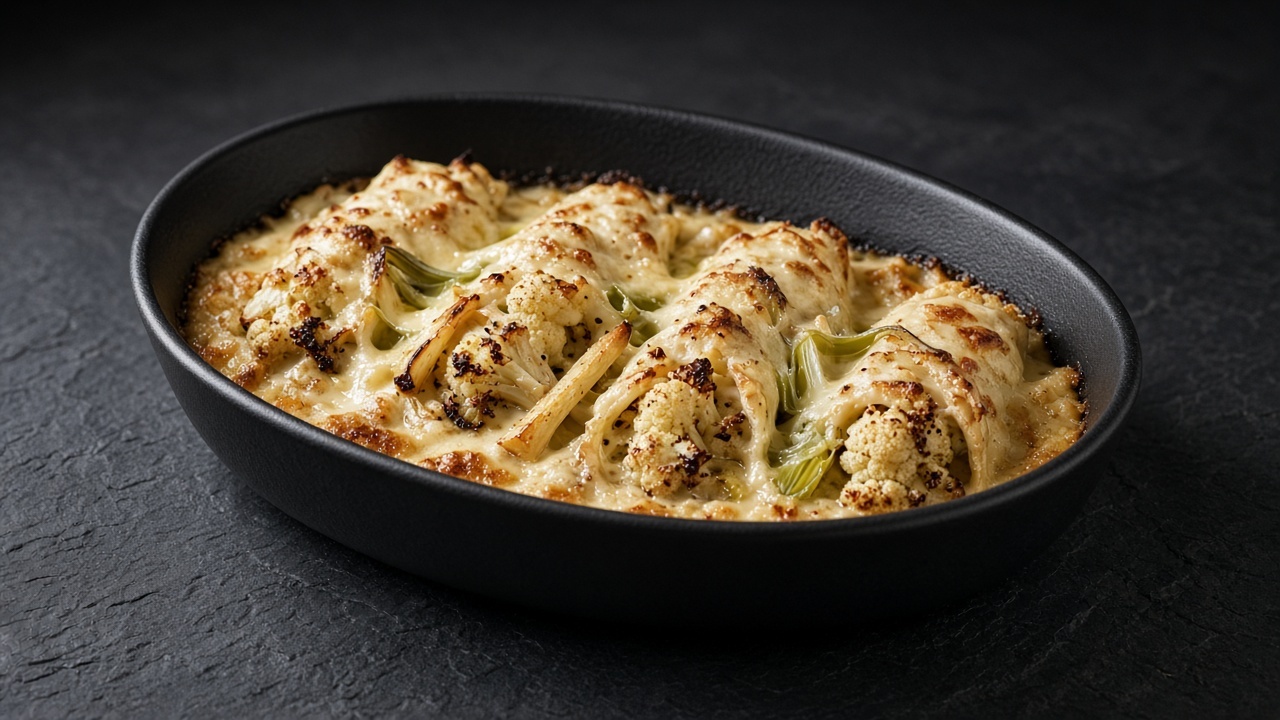 A row of rolled crêpes filled with roasted cauliflower, parsnip and leek, baked under a creamy golden sauce bubbling at the edges.
