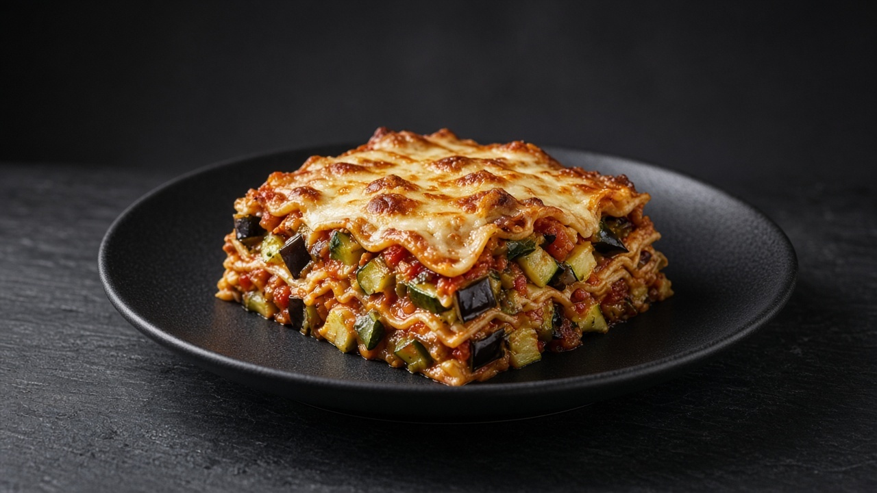 Lasagne layered with roasted courgette and aubergine and melted mozzarella.