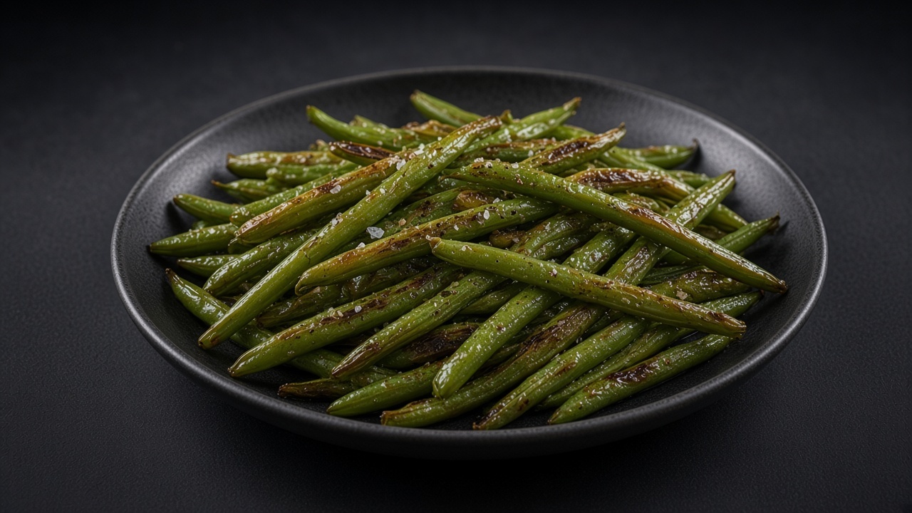 Roasted green beans, blistered and browned in spots, in a matte black dish.