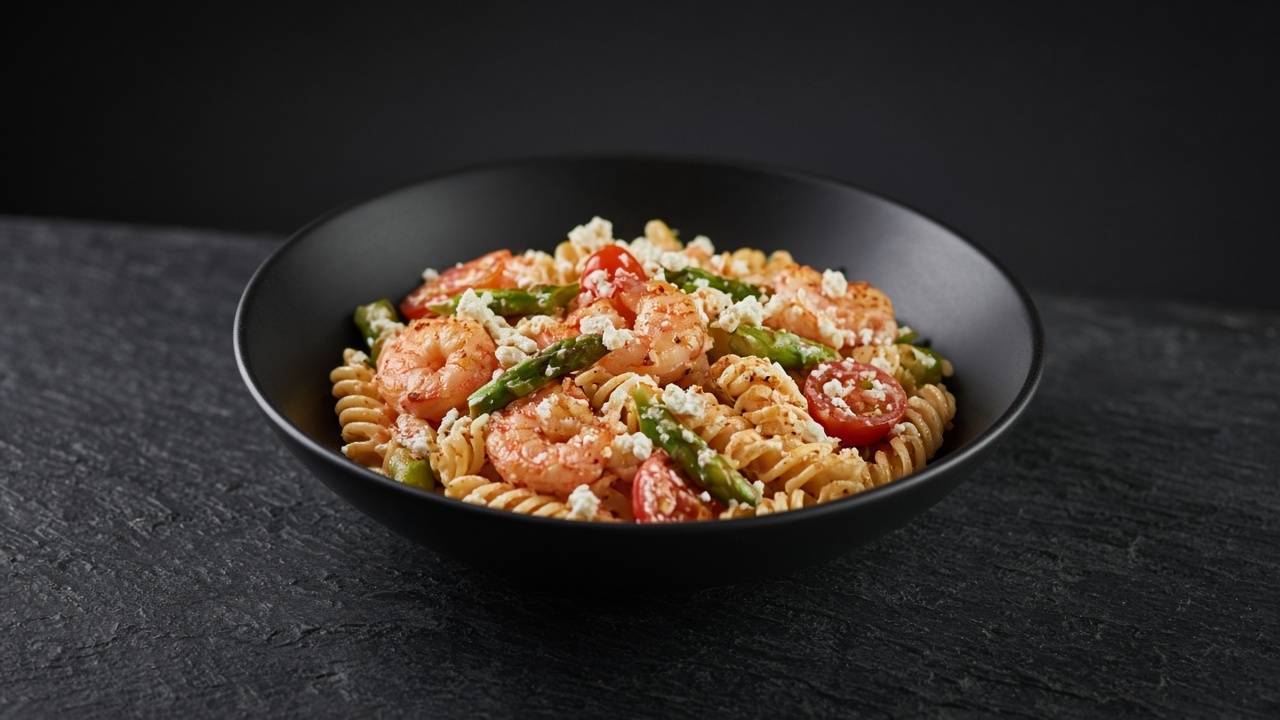 Rotini in a pale orange-pink dressing with pink prawns, green asparagus pieces, cherry tomatoes and crumbled white feta.