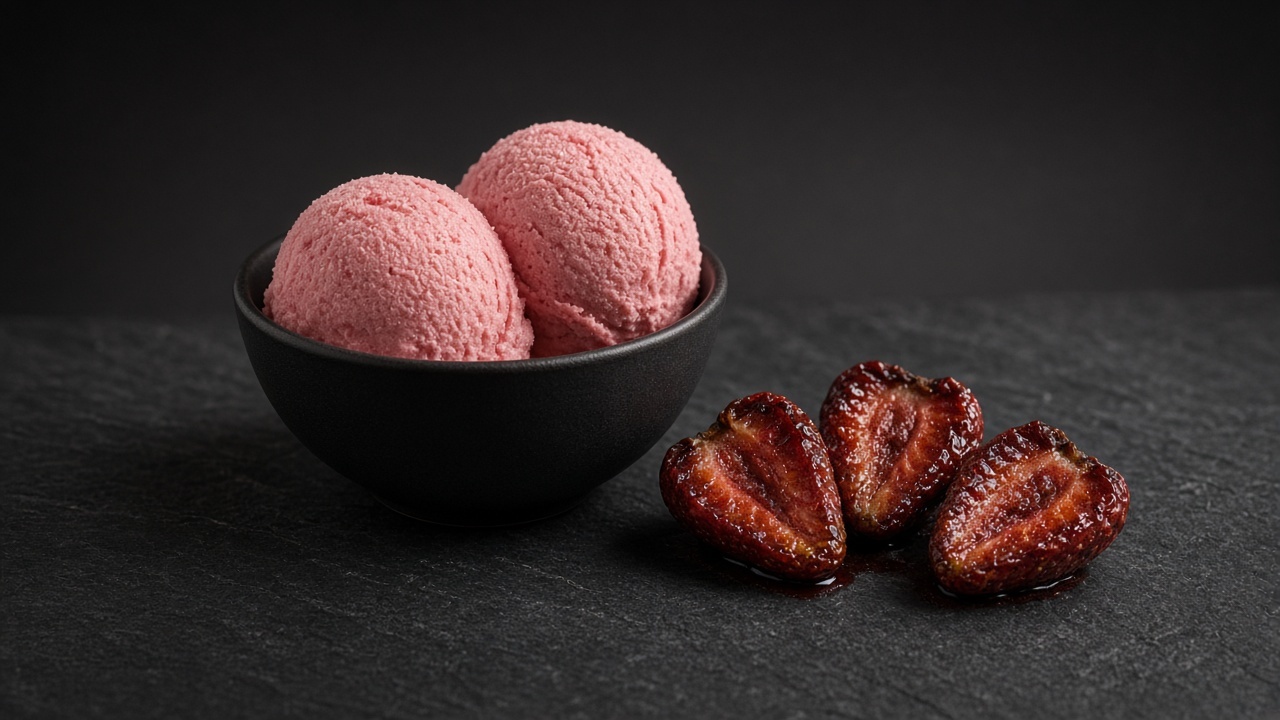 Rosy pink strawberry gelato scoops beside a few roasted strawberries.