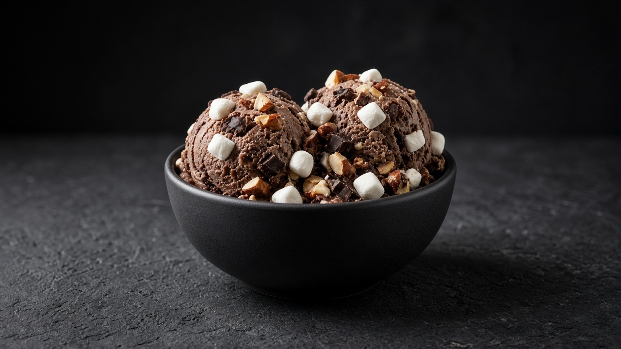 Two scoops of chocolate ice cream studded with mini marshmallows, roasted almonds and dark chocolate chunks in a black bowl.