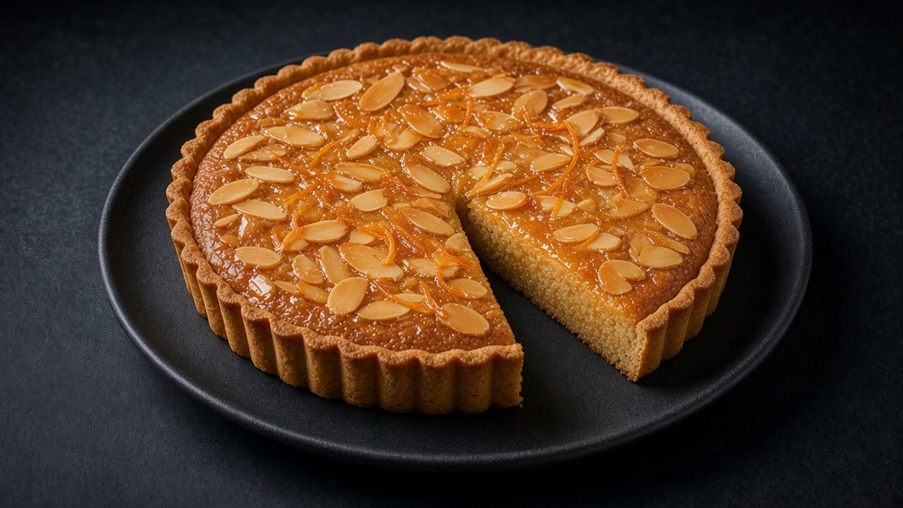 Honey, orange and almond tart with flaked almonds and orange zest, a wedge cut.