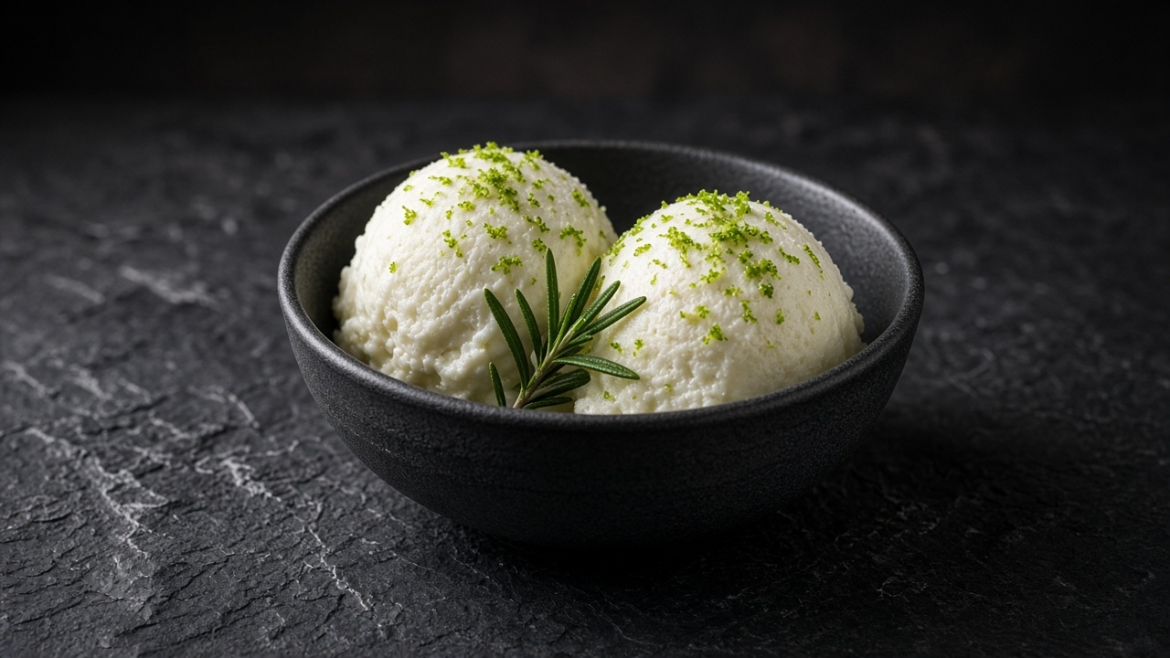 Creamy white rosemary and lime sorbet with a small rosemary sprig and lime zest.