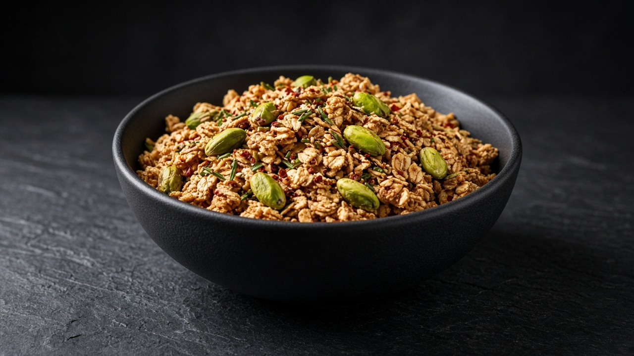 Granola with visible whole pistachios, scattered with herb pieces and spice flecks.