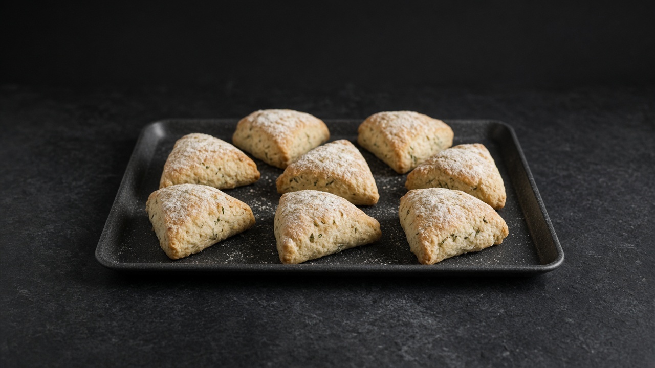 Eight flour-dusted triangular rosemary rolls, pale golden, on a baking tray.