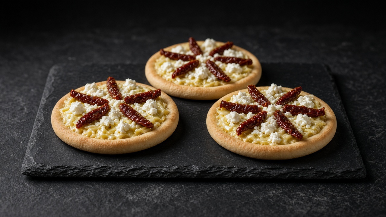 Three mini pizzas with a pale creamy leek topping, crumbled white goats' cheese and sun-dried tomato strips arranged in a spoke pattern.