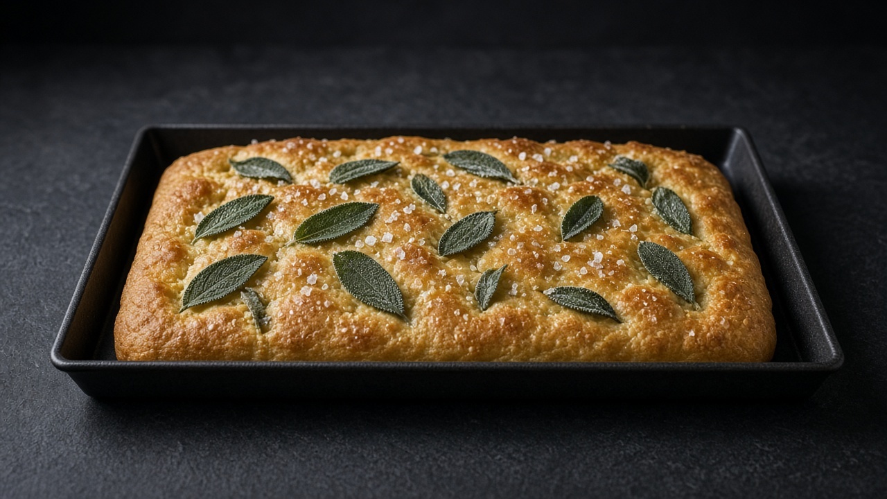 Golden focaccia studded with crisp green sage leaves and coarse sea salt crystals.