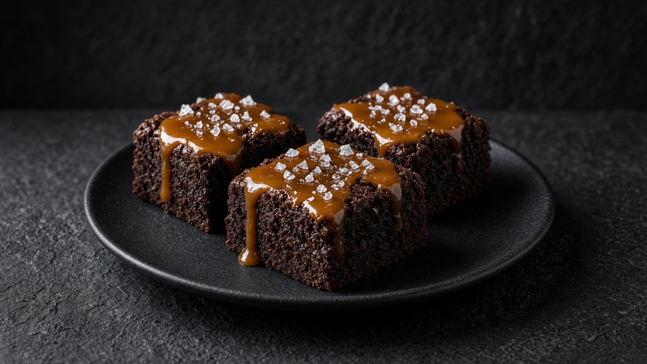Fudgy brownie squares oozing caramel and sprinkled with flaky salt.