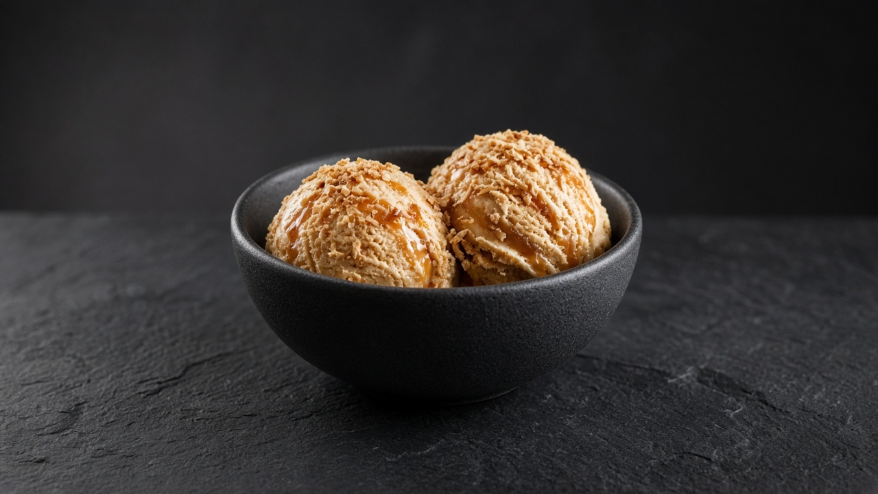 Caramel-coloured ice cream rippled with amber caramel and flecked with toasted coconut.